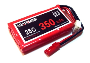 Аккумулятор AGA POWER Li-Pol 350mAh 7.4V 2S 25C Softcase 10x25x40мм JST