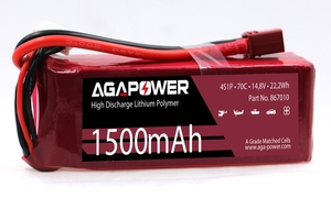 Акумулятор AGA POWER Li-Pol 1500mAh 14.8V 4S 70C Softcase 28x34x90мм T-Plug